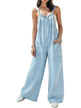 Women's Light Blue Summer Wide Leg Adjustable Tie-Back Straps Jean Jumpsuits